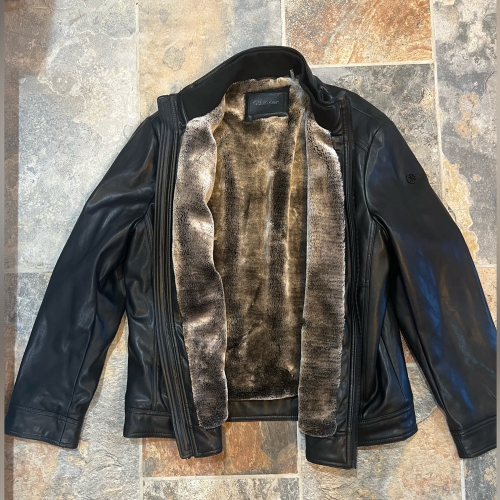 Men’s Calvin Klein Faux Leather Bomber Jacket. Barely worn. Size Large.
